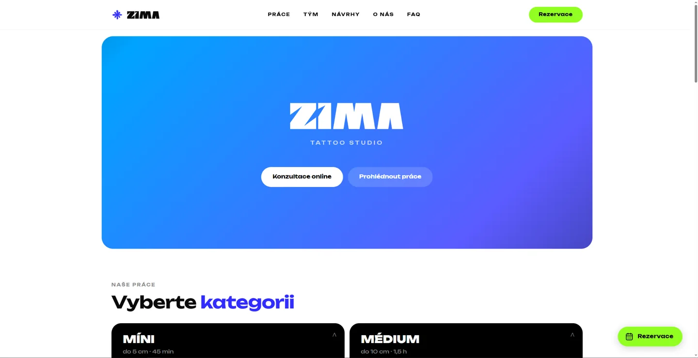 ZIMA Tattoo — veřejný web. Interní procesy jsou popsány podle majitele.